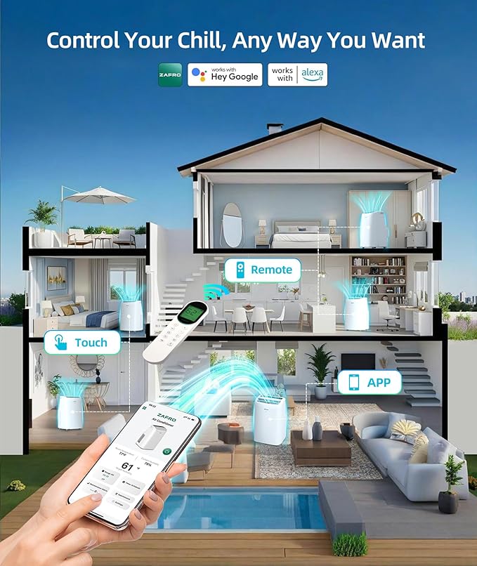 ZAFRO 12000 BTU Portable Air Conditioners (8000 BTU SACC), AC Unit for Bedroom with Drainage-free Cooling, Fan & Dehumidifier, 47dB Quiet, 24H Timer, APP Control/Remote/LED Display