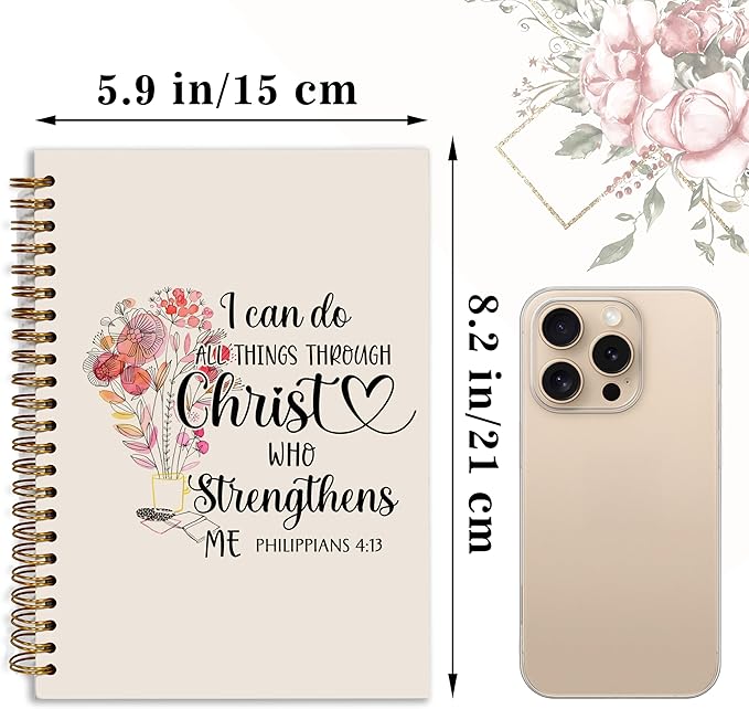 Bible Notebook, A5 Spiral Christian Journal Pink Floral Notebook, Bible Verse-I Can Do All Things Through Christ Who Strengthens Me, Inspirational Notebooks for Women, Gift for Birthday Christmas