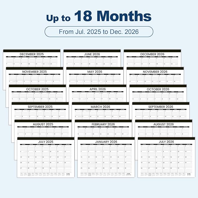 SUNEE Desk Calendar 2025-2026 17x12, 18 Months, JUL. 2025 - DEC. 2026, Academic Desk Blotter Calendar 2025-2026, School Year Large Calendar for Teacher, Black