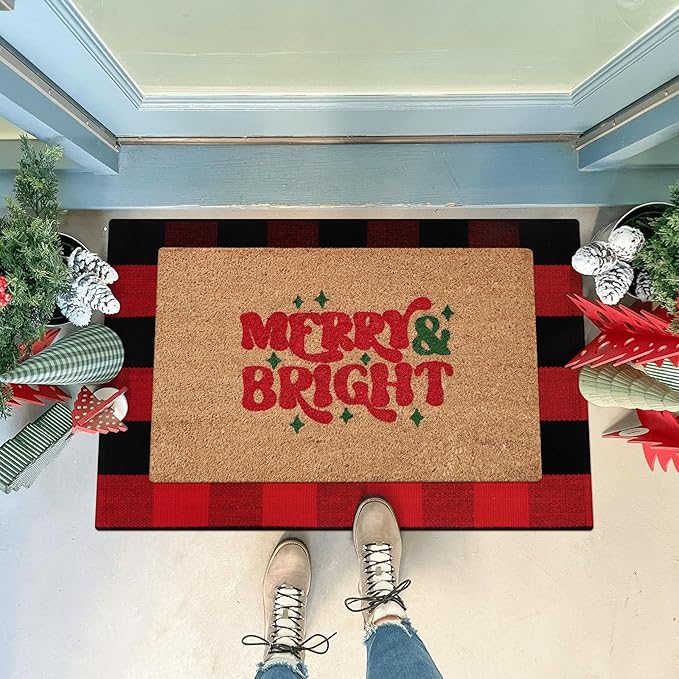 KIMODE Buffalo Plaid Outdoor Rug Red and Black 24"X35",Washable Christmas Front Door Mat,Reversible Cotton Hand-Woven Layering Rug for Front Porch Christmas Decor,Entryway,Kitchen