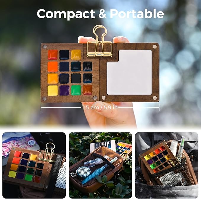 Funto Mini Watercolor Paint Set, All-In-One Walnut Wood 15-Color Premium Pocket Travel Paint Kit, with Crossbody Bag,Watercolor Journal, Metal Clip, Paint Water Cup, Water Brush Ideal for Art Lovers
