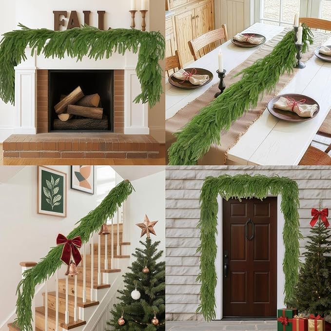 2 Pcs 9FT Christmas Garland, Christmas Decorations, Artificial Norfolk Pine Garland, Faux Greenery Garland for Mantle Fireplace Table Door Wall Upstairs Indoor Outdoor Holiday Xmas Decor