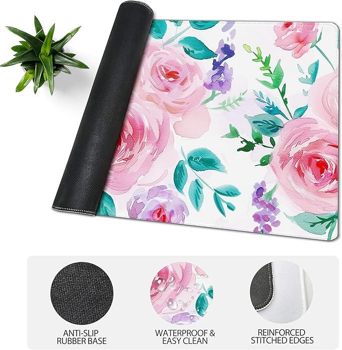31.5”x11.8”Large Gaming Mouse Pad for Desk, Mouse Mat with Seamed Edges, Waterproof Desk Pad, Non-Slip Rubber Base, Keyboard Pad Computer Mat, Big XL Mousepad-Rose Watercolor Painting