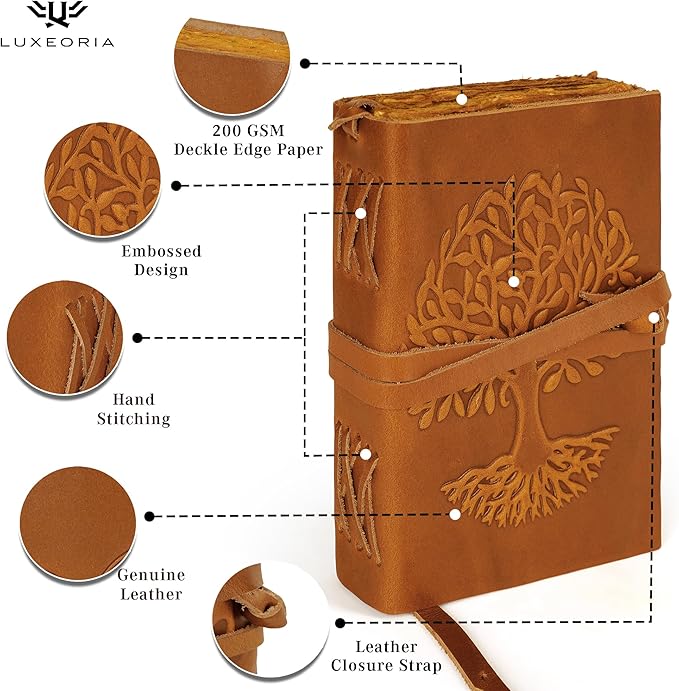 LUXEORIA Tree Of Life Leather Journal for Women and Men, Handcrafted Leather Journal for Writing Womens, Sketchbook, Travel Diary with Unlined Deckle Paper, Camel Brown 6x8