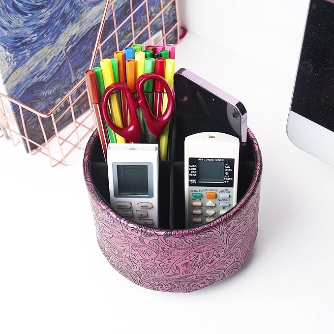 lizimandu Round Leather Art Supply Organizer,Remote Control Holder,360 Degree Spinning,Multi-Functional Pencil Holder,4 Compartments Desktop Stationary Organizer(1-Carved Metal Rose Red)