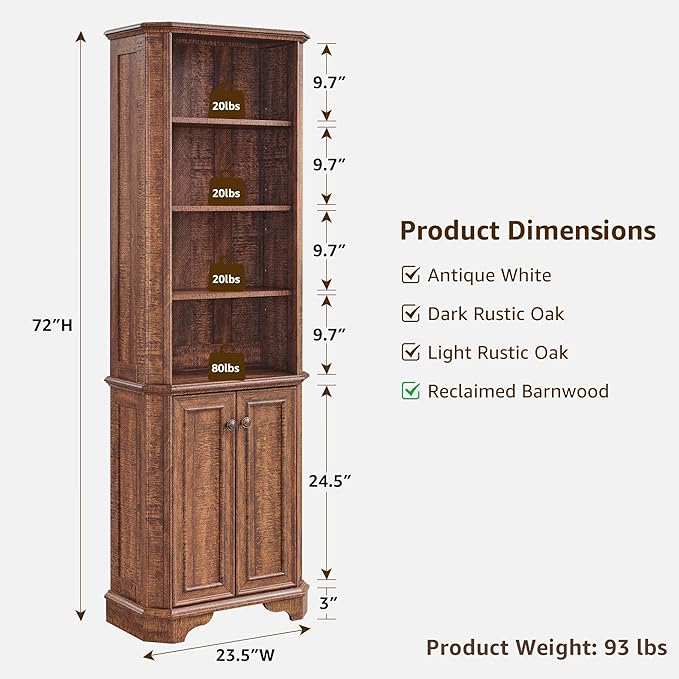 T4TREAM 6-Tier Bookshelf with Storage, 72" Tall Farmhouse Bookcase with Doors and Adjustable Shelves, Wooden Floor Standing Display Book Shelf Organizer for Home Office, Reclaimed Barnwood