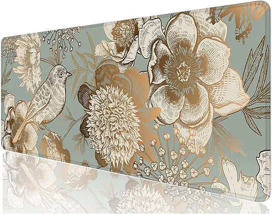 Desk Mat, 32" x 12" XXL Extended Large Gaming Mouse Pad, Desktop Decor Desk Pad, Cute Men Women Office Supplies and Accessories, XL Mouse Mat for Laptop & Keyboard, Retro Flower and Bird