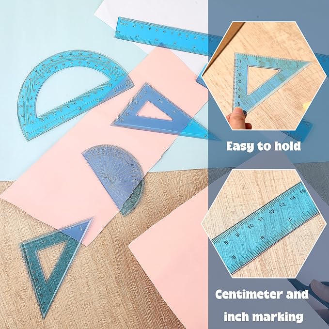 Zonon 1 Set Plastic Geometry Math Set Includes Drawing Compass, 6 Inch 4 Inch Protractor, 45/60 Degree Triangle Rulers 12 Inch 6 Inch Math Ruler Transparent for Office Supplies(Blue)