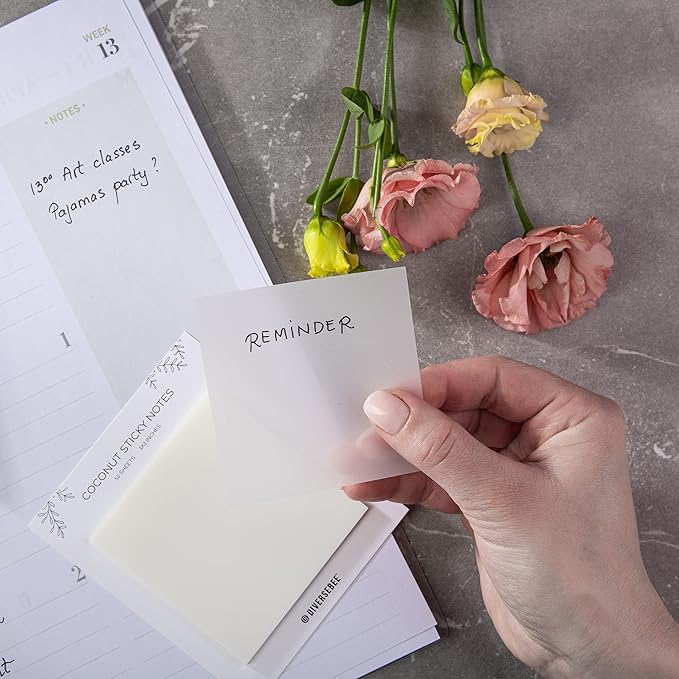 DiverseBee 50 Sheets Pastel Transparent Sticky Notes, 3x3” Clear Sticky Tabs, Translucent Page Flags Book Markers Stickers, Planner Accessories, Bible Journaling Study Office School Supplies (Coconut)