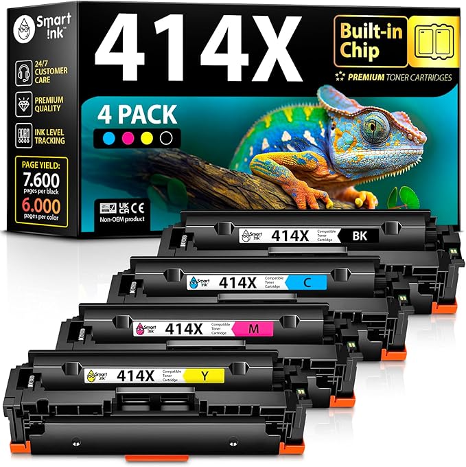 Smart Ink Compatible 414X Toner Cartridge Replacement for HP 414 X with Built-in Chip (4 Pack) to use with Color Laserjet Pro MFP M479fdw M479fdn M479fdw M454dw M454dn (Black Cyan Magenta Yellow)
