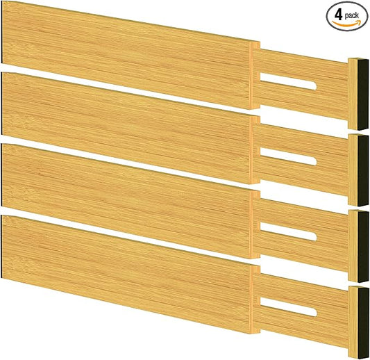 4 Pack Bamboo Drawer Dividers, Adjustable Length from 12 Inch to 17 Inch, Expandable Kitchen Drawer Organizer, Drawer Organization Separators for Clothes, Kitchen, Bedroom, Dresser, Office (Beige)