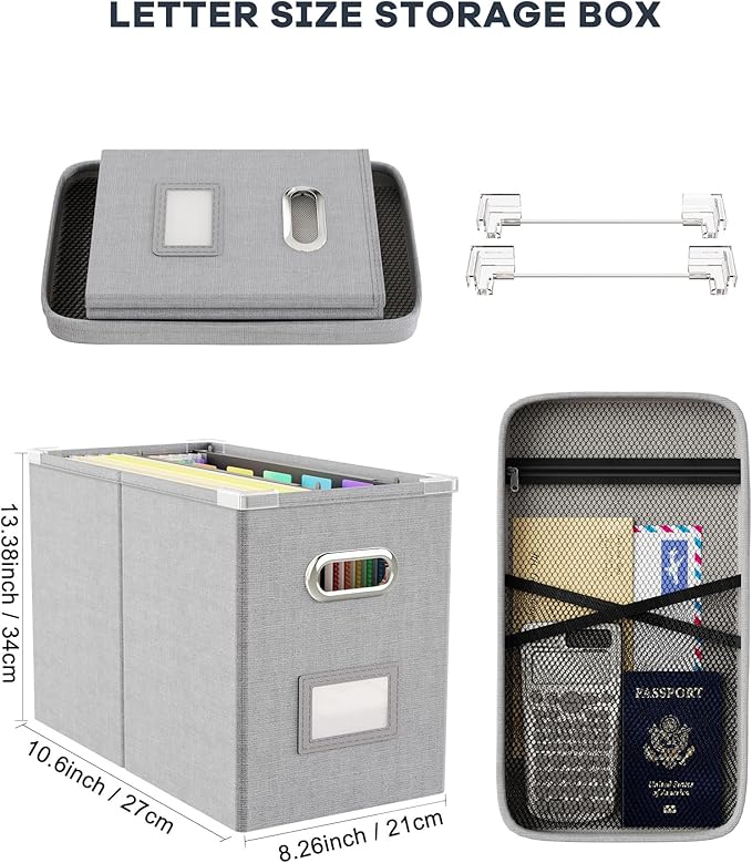 Oterri File Organizer Box with Lid, Hanging Filing File Box with Mesh Pocket, Document Organizer Box for Letter Files, Portable Storage Box with Smooth Sliding Rail for Office&Home (2 PCS, Light grey)