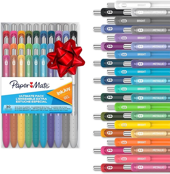 Paper Mate InkJoy Gel Pens Ultimate Pack,Retractable,Featuring Classic, Bright!, and Metallic Inks, Assorted, 30 Count - Perfect for Writing, Doodling, Bullet Journaling, Glitter, Sparkle, Writing Fun