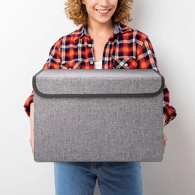 Large 42 Quarts Fabric Storage Bins with Lids [2-Pack] Linen Collapsible Foldable Storage Cubes, Closet Organizer Containers boxes with Handles for Home Office (16.7 x 12 x 12, Gray)