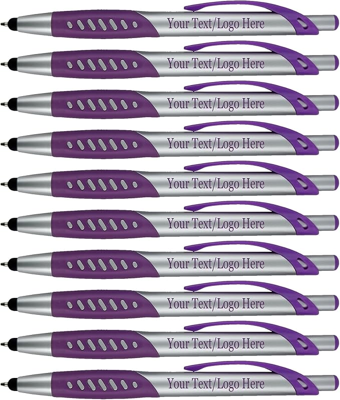 Personalized Pens With Custom Logo or Text-300 Pack Bulk-for Businesses, Parties, and Events, 2 in 1 Ballpoint Pen & Capacitive Stylus for Touchscreen Devices, Click Action, Black Ink, Purple