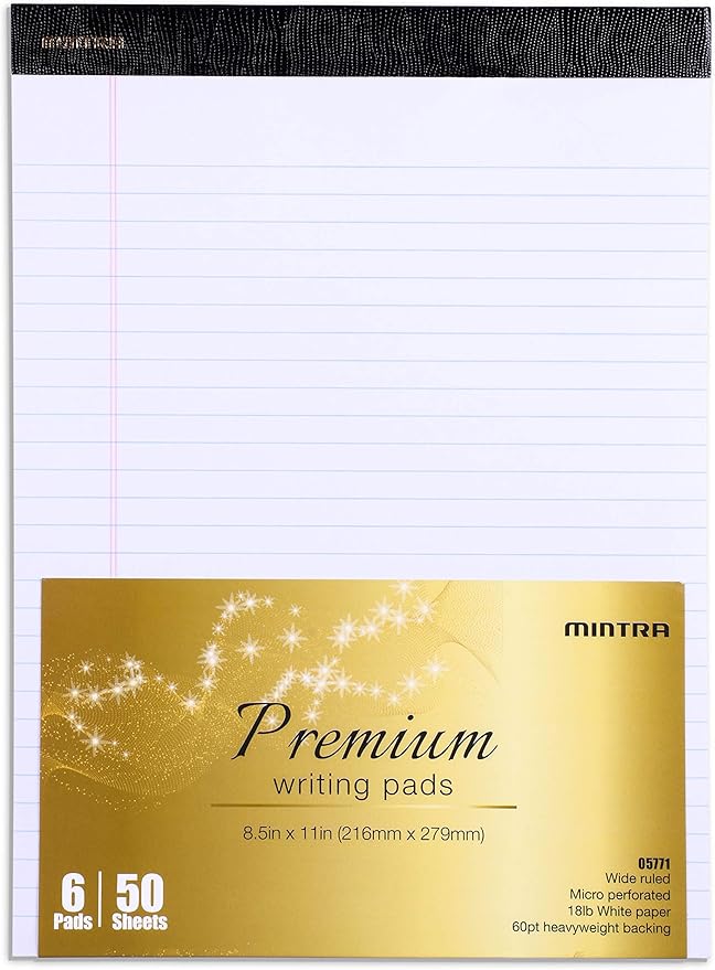 Mintra Office Legal Pads - ((PREMIUM WHITE 6pks, 8.5in x 11in, WIDE RULED))