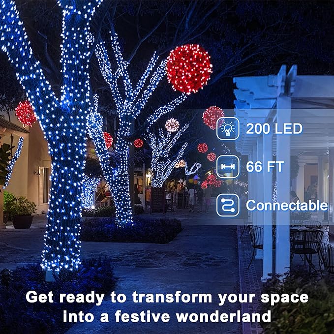 200 LED 66ft Christmas String Lights Indoor Outdoor, 8 Modes Christmas Fairy Lights with Timer & Momory, IP44 Waterproof Christmas Tree Lights for Xmas Patio Yard Fence Balcony Garden (Blue)