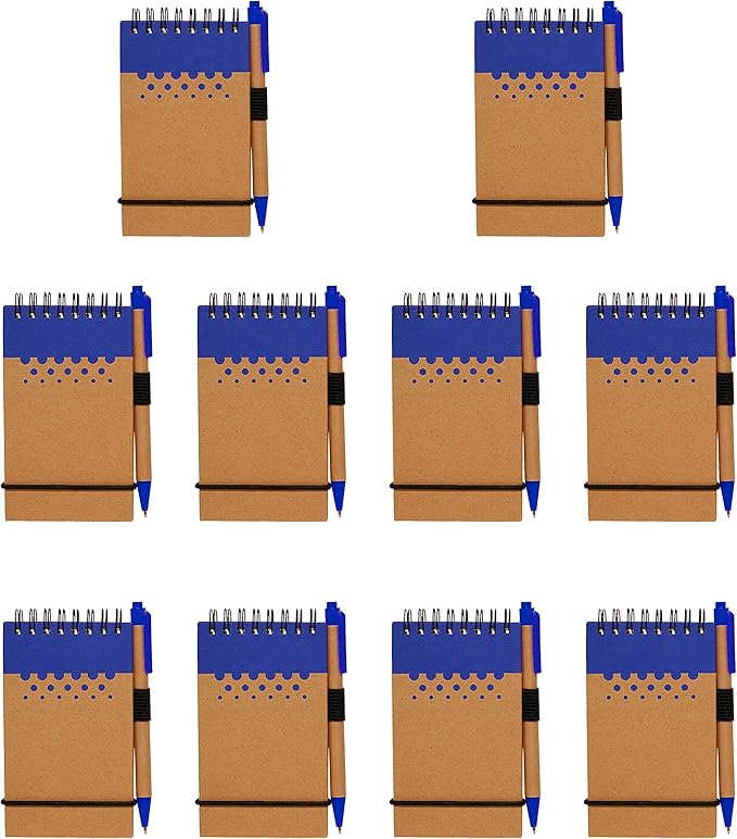 DISCOUNT PROMOS 10 Recyclable Spiral Small Notebooks Pack - 60 Lined Pages - Blue