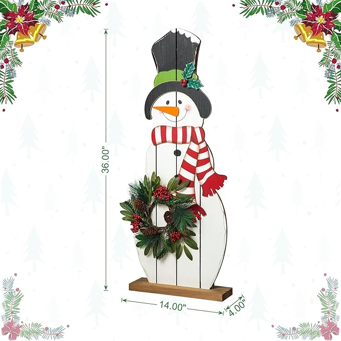 Glitzhome 36" H Wood Metal Christmas Snowman Porch Décor with Floral Wreath Standing Snowman Merry Christmas Porch Welcome Sign Holiday Party Outdoor Indoor Xmas Decorations