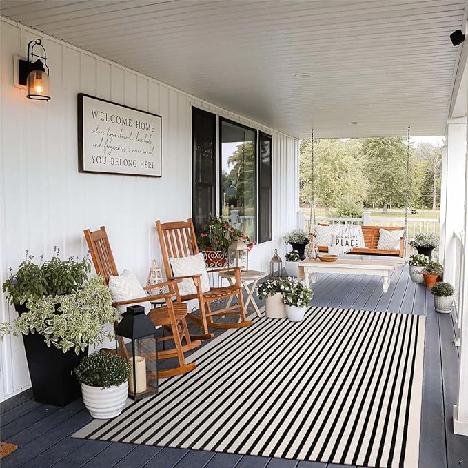 Collive Black and White Striped Outdoor Rug 4'x 6', Washable Cotton Woven Farmhouse Christmas Rug, Layered Welcome Door Mat for Front Porch Deck Bedroom Patio Christmas Decorations
