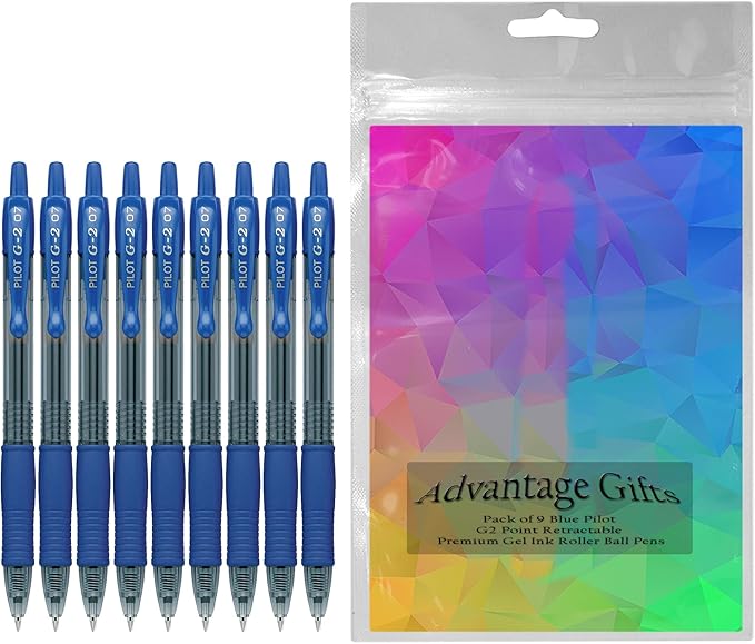G2 Retractable Premium Gel Ink Roller Ball Pens Fine Point Fine Point (.7mm) Blue Ink 9-pk; Refillable & Premium Comfort Grip Bundle with Plastic Reusable Pouch