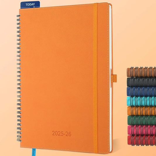 Planner 2025-2026 Daily Weekly and Monthly,11.5"x8.5",18 Months Spiral Bound Calendar Agenda with Self-adhesive Pen Holder,2026 Academic Plan with Vegan Leather Soft Cover,Orange