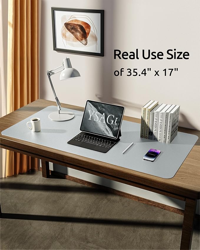 YSAGi Leather Desk Pad Protector, Office Desk Mat, Large Mouse Pad, Non-Slip PU Leather Desk Blotter, Laptop Desk Pad, Waterproof Desk Writing Pad for Office and Home (Silver, 35.4" x 17")