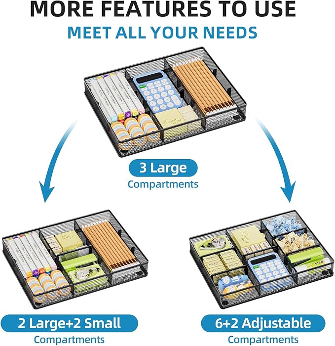 Marbrasse Desk Drawer Organizer, Metal Mesh Drawer Organizer Tray with 5 Adjustable Compartments,Desk Organizers and Accessories for Home,Office,Kitchen,Makeup,Vanity (Black)