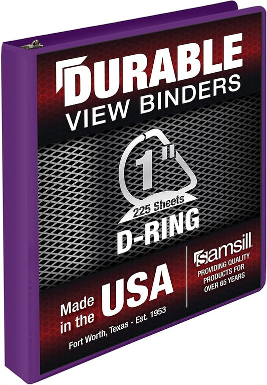 Samsill Durable 1 Inch Binder, Made in The USA, D Ring Binder, Customizable Clear View Cover, Plum Purple, Holds 225 Pages