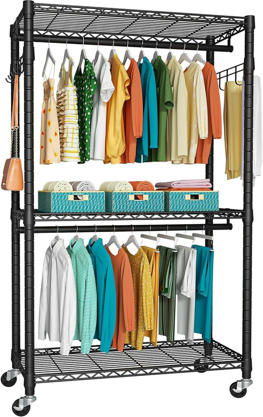 P1 Heavy Duty Garment Rack, 3 Tiers Adjustable Rolling Metal Closet Organizer with Lockable Wheels, FreeStanding Wardrobe with Double Hanger Rods & 1 Pair Hooks, Max Load 450 LBS, Black
