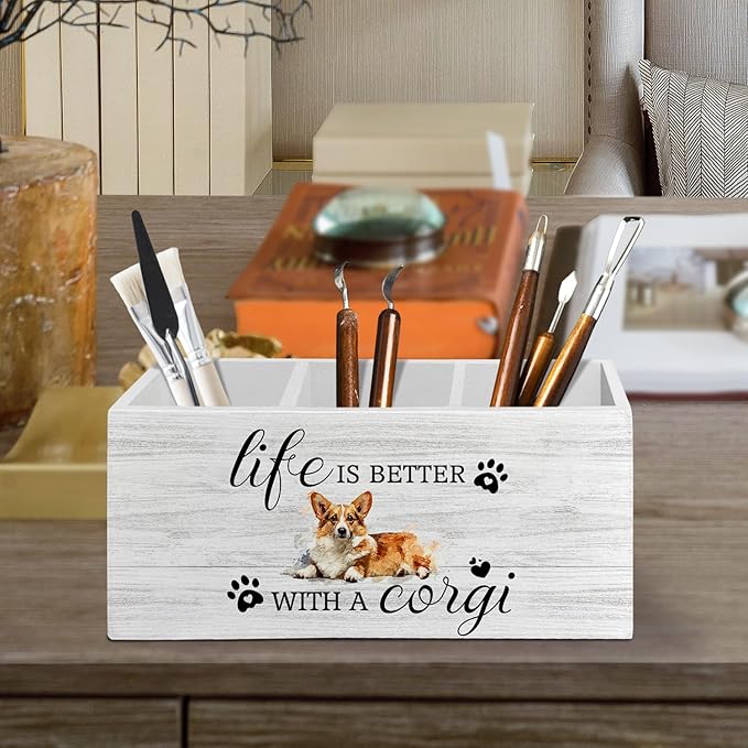 Corgi Gifts Pen Pencil Holder Organizer for Desk Accessories, Life Is Better With a Corgi Wooden Box Sign Desk Decor for Home Office Decoration, Dog Mom Lovers Owner Gifts for Women