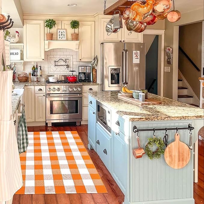 Buffalo Plaid Outdoor Rugs, 3'x5' Orange and White Checkered Indoor/Outdoor Area Rug, Layering Rug for Hello/Welcome Door Mat, Washable Cotton Woven Farmhouse Mat for Fall Front Porch Décor