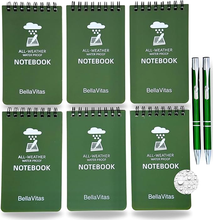 Waterproof 3x5 Notebook Pocket Notebook Small Spiral Notebooks Pocket Notepad Small Notepad 3x5 Pocket Notepad Police Notepad Tactical Notebook and All-Weather pen 6 Pack Green