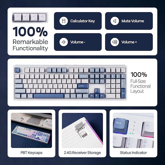 EPOMAKER TH108 Full Size Mechanical Keyboard, Wireless Gaming Keyboard, 8000mAh Battery, Creamy Gasket, 108 Keys, Hot Swap, Custom Driver, RGB Backlights (Blue&White, Creamy Jade Switch)