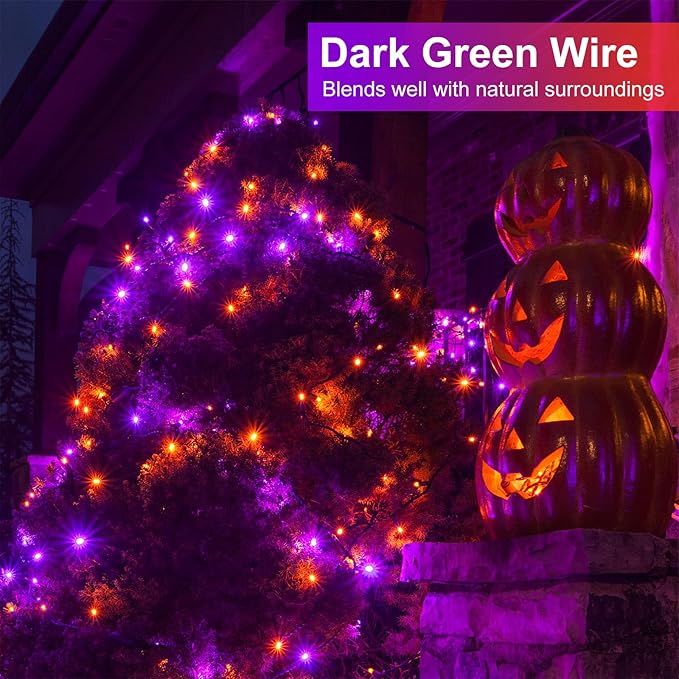 2 Pack Christmas Lights Outdoor, Total 200FT 600 LED Purple Orange String Lights for Outside with 8 Modes Waterproof, Plug in Christmas Decorations for Indoor House Patio Garden Party Holiday