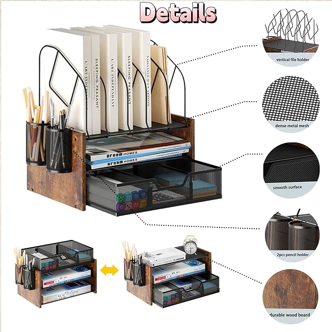 Wood Desk Organizer - 2-Tier Desktop File Organizer with Drawer with Vertical File Holder, Wooden Paper Tray, Office Desk Organzier and Accessories for Papers, Mail, Notebooks, Stationery