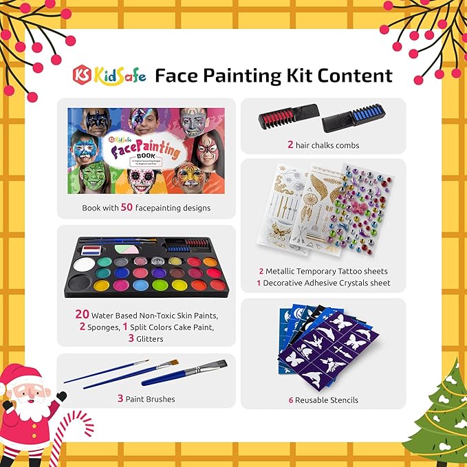 KidSafe 20-Color Face Painting Kit for Kids: Non-Toxic Water-Based Paints with Professional Tutorial Book (50 Designs), Stencils, Glitters, Hair Chalks & Brushes