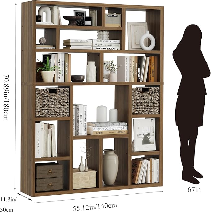 BLANKSPACE 71'' H 6-Tier Large Bookcase, Heavy Duty Storage Shelf - Freestanding Organizer for Bedroom 2 Woven Baskets, Home Office, Living Room, Brown Walnut