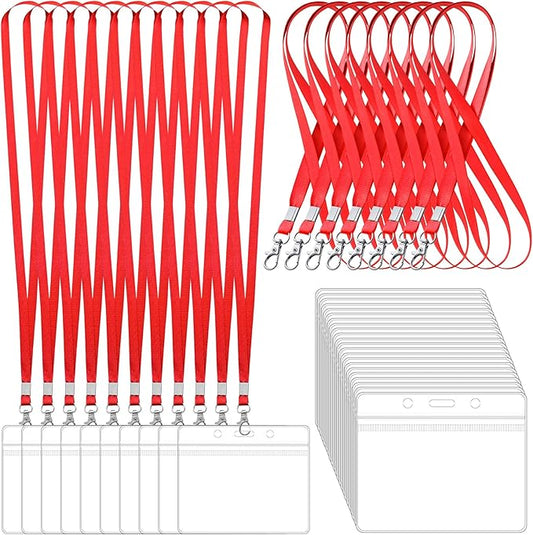 100 Pack Lanyards for ID Badges with Clear Name Tags, Reusable Lanyards Horizontal ID Card Badge Holders Plastic Name Badges for Men Women Kids Business School and Office Supplies (Red)