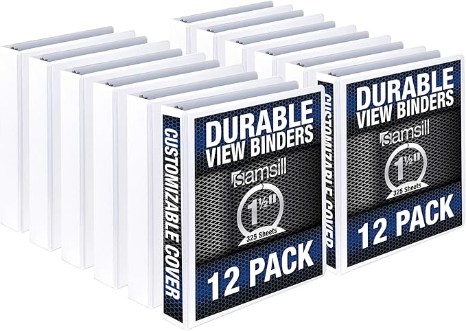 Samsill Durable 1.5 Inch Binder, Made in The USA, Round Ring Customizable Clear View Binder, White, 12 Pack (MP128457)