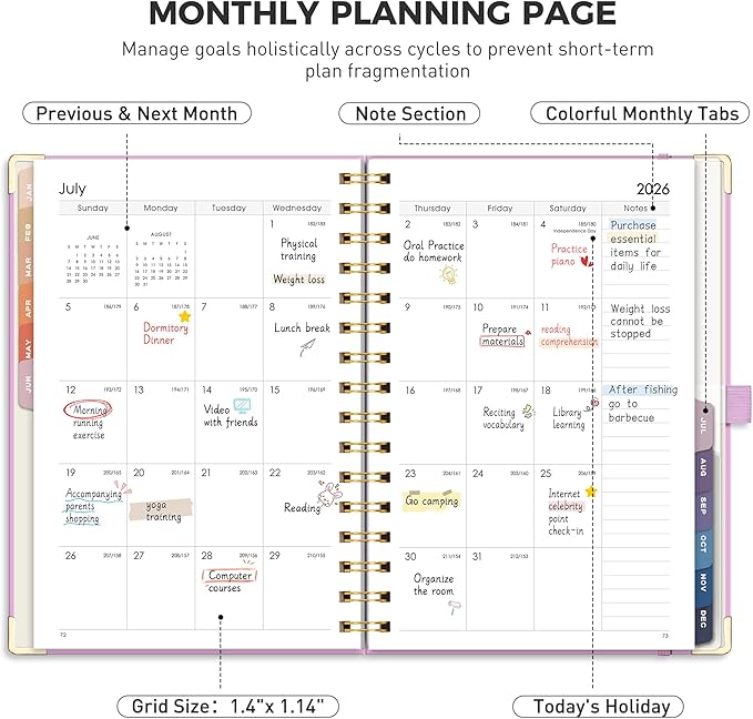 RETTACY 2026 Planner, Weekly and Monthly, Medium Size (5.7" x 8.3"), Jan - Dec 2026, Agenda, Calendar, 12 Month Tabs, Hardcover, 100 GSM Thick Paper, Spiral-bound (Lilac)