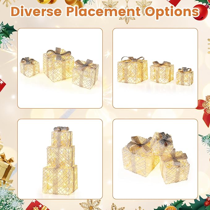 Tangkula Set of 3 Lighted Box, Pre-Lit Festive Boxes w/ 50 LED Lights, Detachable Bows & Sparkling Crystals, Indoor Outdoor Rope-Woven Present Boxes for Yard, Home