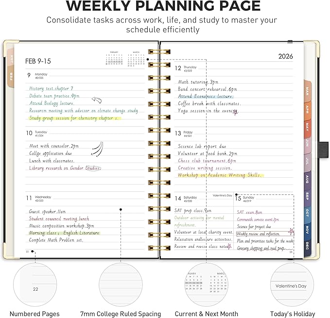 RETTACY 2026 Planner, Weekly and Monthly, Medium Size (5.7" x 8.3"), Jan - Dec 2026, Agenda, Calendar, 12 Month Tabs, Hardcover, 100 GSM Thick Paper, Spiral-bound (Black)