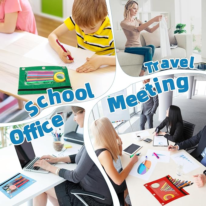 Pencil Pouch for 3 Ring Binder, 8 Pack Pencil Bags with Zipper, Large Capacity Pencil Case for Binder Assorted Color Pencil Case Pouch with Clear Window and Grommets Pencil Pocket for Office Supplies