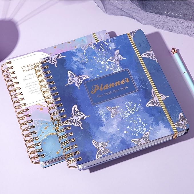 CAGIE 2026 Planner Weekly and Monthly from Dec 2025 to Dec 2026 Hardcover Spiral Bound Calendar Yearly Agenda Planners for Women with Stickers, 8.3 x 9.1, Purple Butterfly