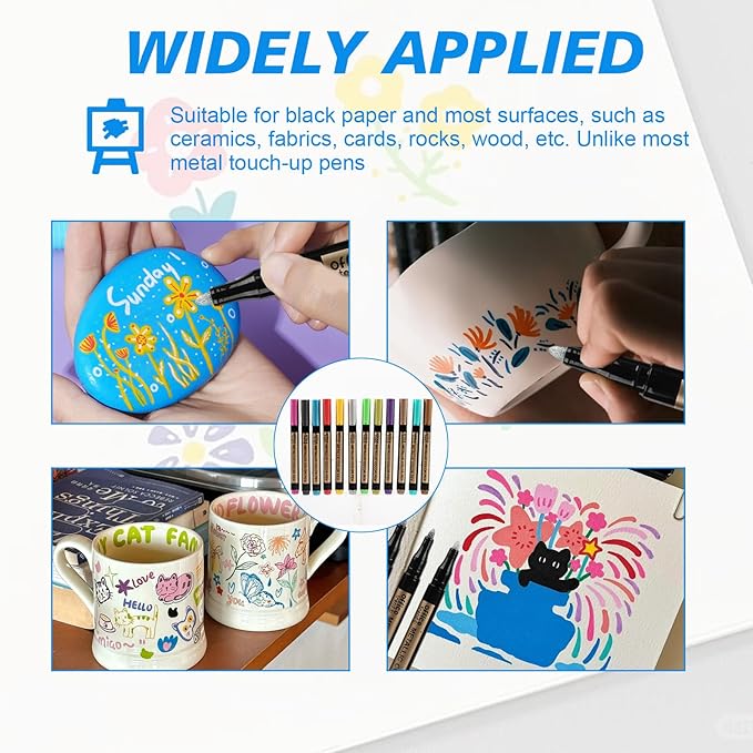 12 Colors Metallic Paint Markers, Medium Tip Acrylic Paint Pens for Black Paper, Scrapbooking Supplies for Vision Board and Art Crafts, Metallic Markers for Rock Painting and Photo Albums