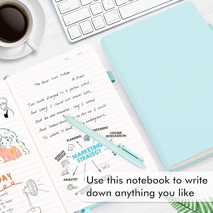 feela 5 Pack Notebooks Journals Bulk, Hardcover Notebook Classic Ruled Lined Journals with Pen Holder for Women Girls School Business Supplies, with 5 Black Pens, 120 GSM, 5.1”x8.3”, A5,Sky Blue