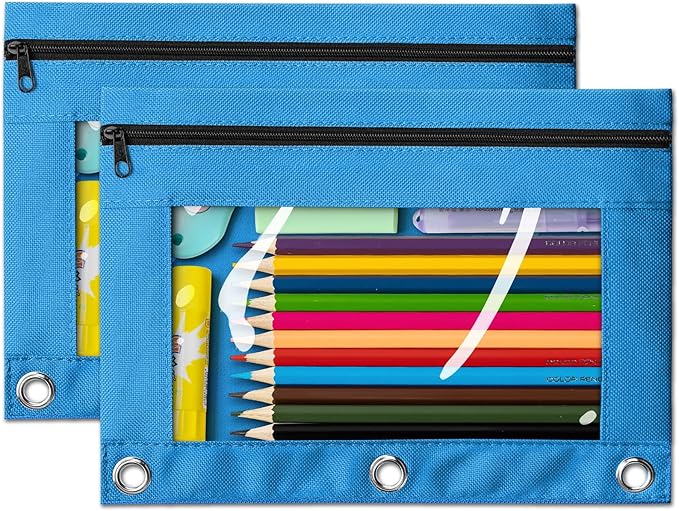 V-Opitos Pencil Pouch for 3 Ring Binder, 2 Pack Sky Blue 3-Holes Zipper Pencil Pouches, Sturdy and Durable Cloth Pencil Case with Clear Window for Office School College Supplies