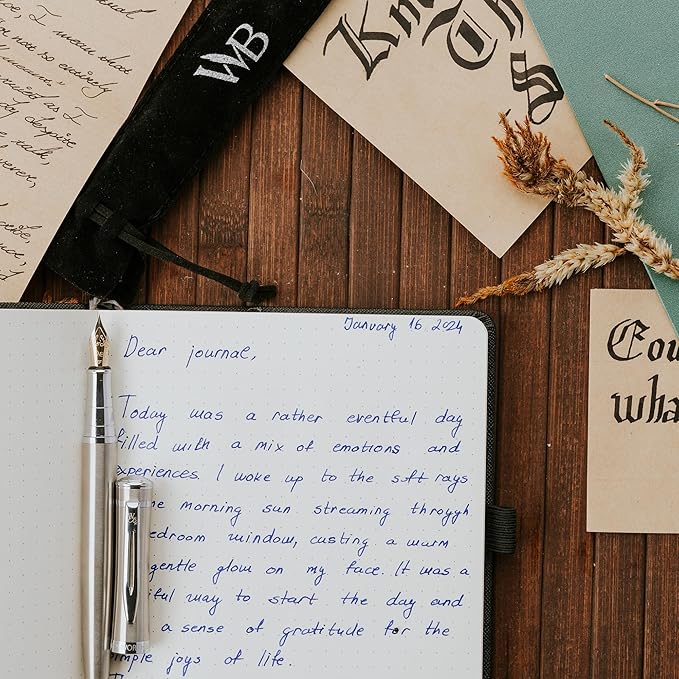 Wordsworth & Black Fountain Pen Set, Medium Nib, Includes 24 Pack Ink Cartridges, Ink Refill Converter & Gift Pouch, Chrome Finish, Calligraphy, [Silver Chrome], Perfect for Men & Women