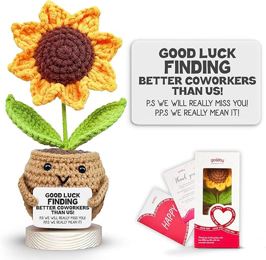 Gossby Handmade Positive Sunflower Doll Crochet with Card - Women Coworker Appreciation Gift - Retirement, Farewell, Goodbye, Leaving, Going Away Gift for Coworker - Good Luck Finding Better Coworkers